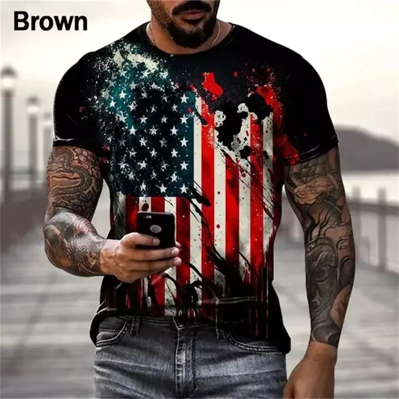 Camiseta con estampado 3D de la bandera de EE. UU. Para hombre, TOP de manga corta con cuello redondo, informal, Extra grande, Harajuku, novedad de verano