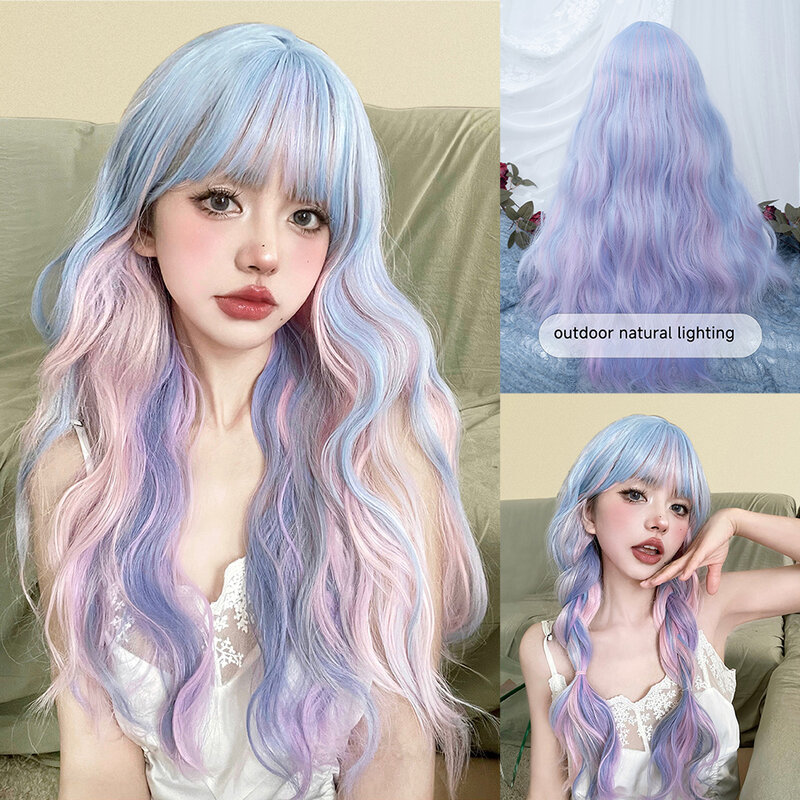 26Inch Fantasy Purple Mix Lolita Synthetic Wigs With Bang Long Natural Wavy Hair Wig For Women Cosplay Daily Use Heat Resistant