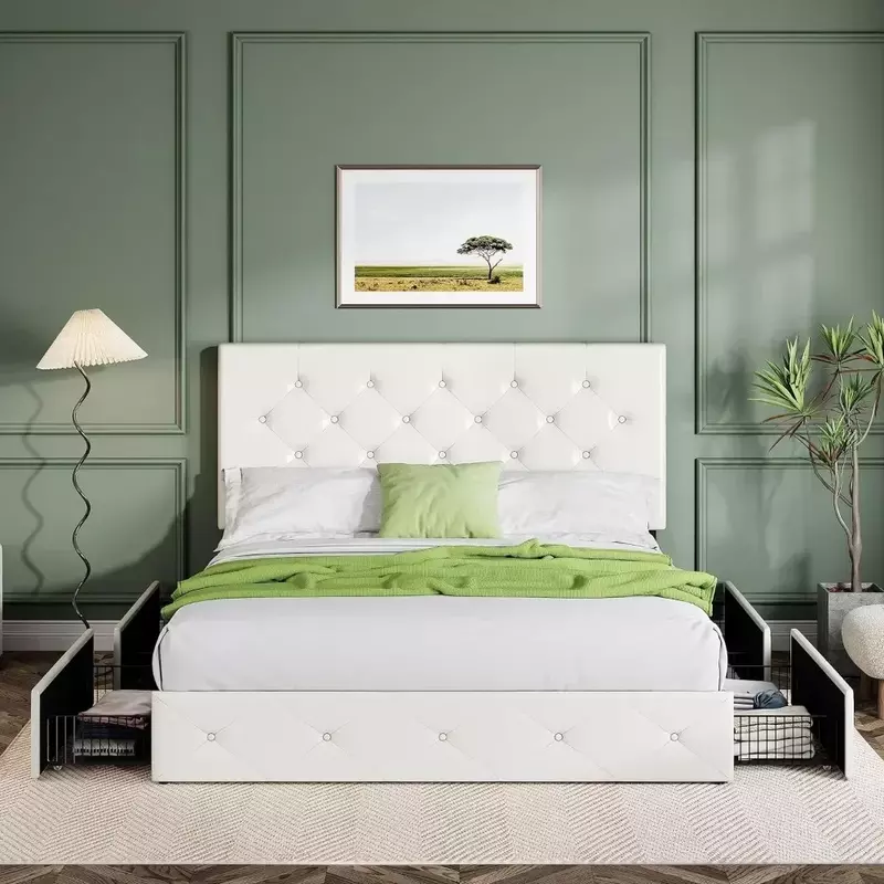 Marco de cama de plataforma tapizado de tamaño completo con 4 cajones de almacenamiento y cabecero con Base de colchón apoyada por listones de madera, cama