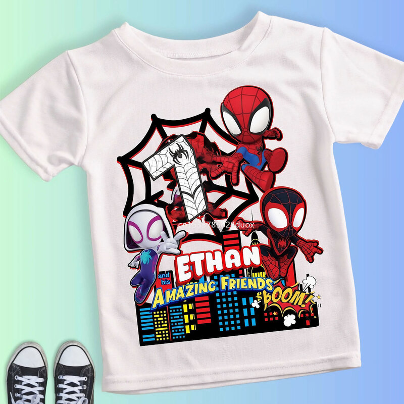 Zomer Kind 2 3 4 5 6 7 8 9 Spider Man En Zijn Vrienden Verjaardag Wit Shirt Spider-Man Aangepaste Naam Verjaardagsfeestje Jongen T-Shirt