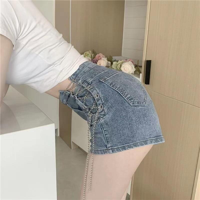 Shorts Women Skinny Chain Designed Solid Simple All-match Summer Cool Girls Korean Style High Waist Personality Trendy Casual