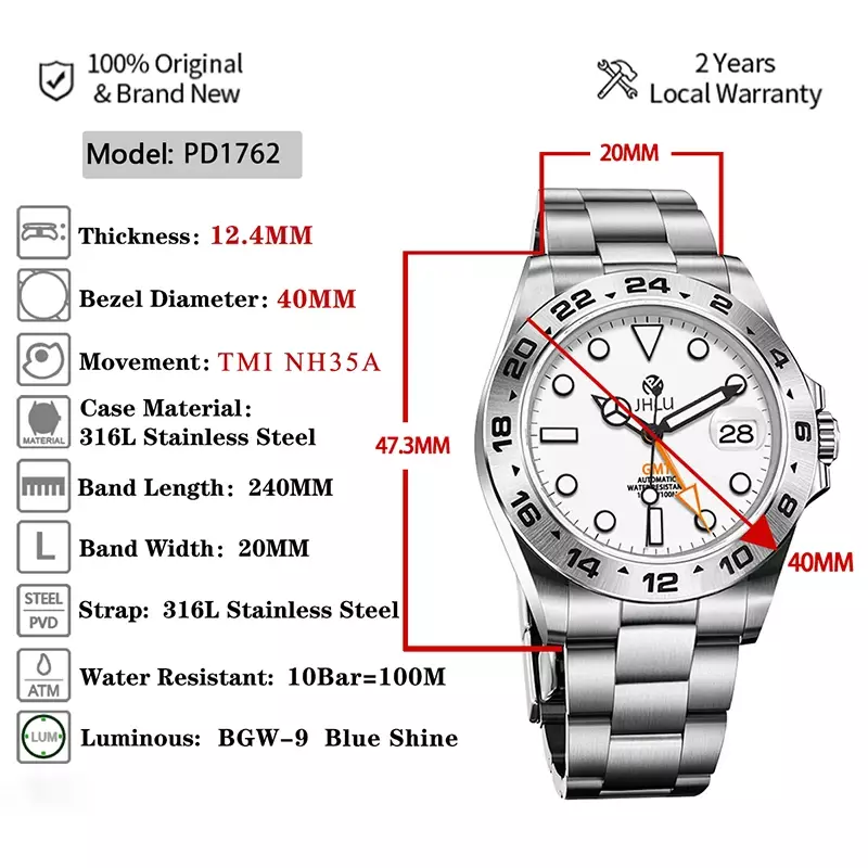 2024 orologio da uomo Adventurer orologio meccanico automatico in acciaio inossidabile Casual Business Fashion zaffiro impermeabile nuovo orologio GMT