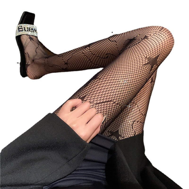 Sexy Black Black Stockings Letters European and American Large Size Bow Hollow Fishnet Stockings Bottoming Stockings