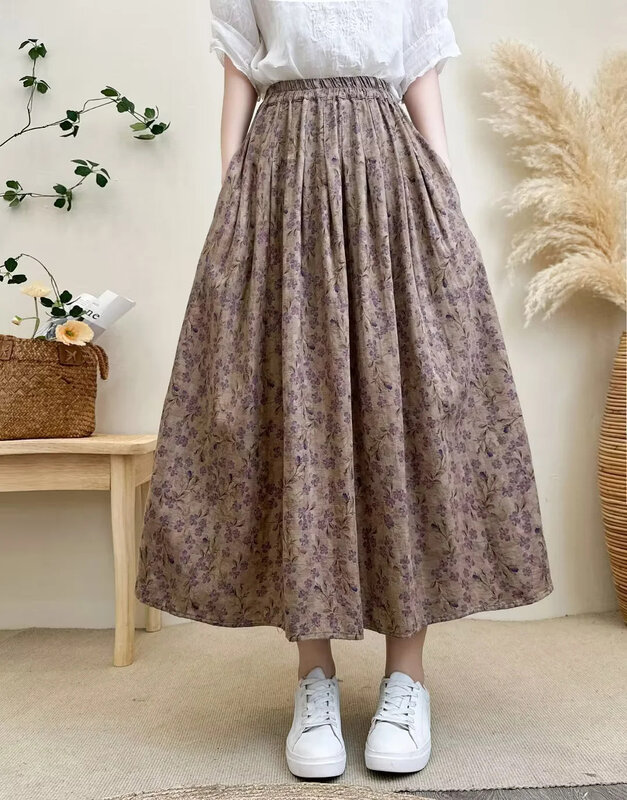 Юбка Женская длинная хлопковая средней длины, винтажная в японском стиле, с поясом на резинке, с принтом, осень-весна