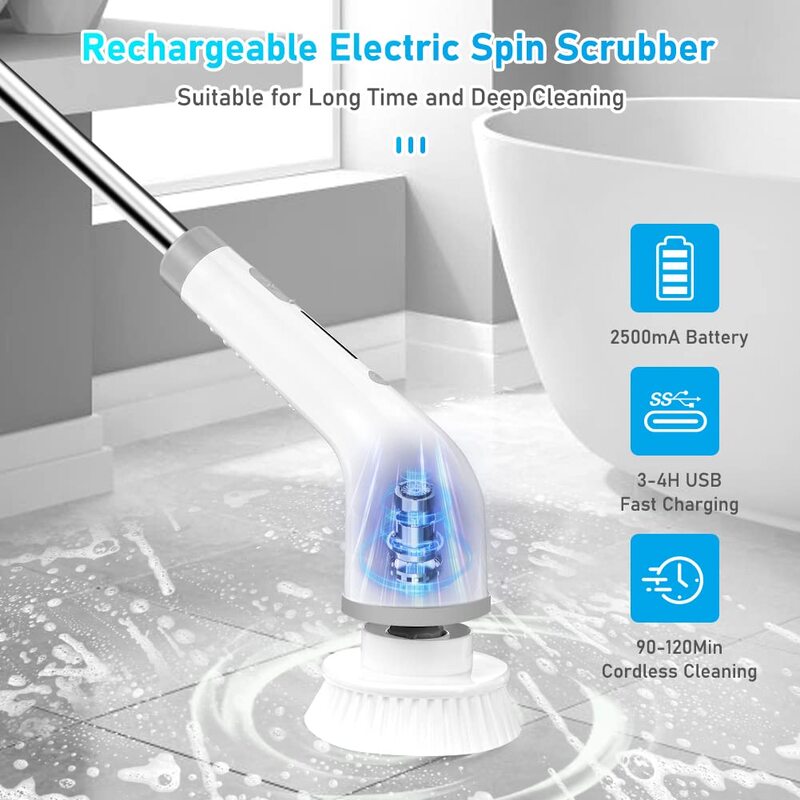 Escova de limpeza elétrica sem fio, Purificador giratório portátil, Escova de banheiro poderosa, Multifuncional até 420RPM