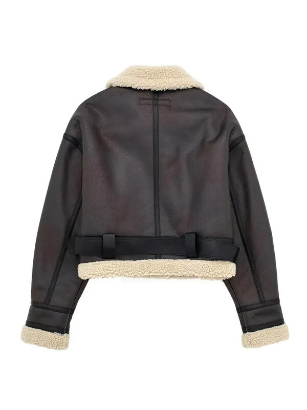 Hh traf-女性の合成皮革の冬のジャケット,ヴィンテージの裏地付きのオートバイのコート,ラペル,長袖のジャケット,暖かいアウターウェア
