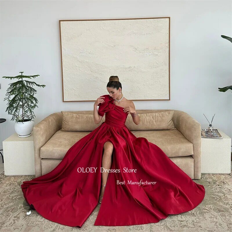 OLOEY Red Satin Evening Dresses Long One Shoulder Bow Split Prom Gowns Formal Party Occasion Dress 2024 Celebrity Gowns Vestidos