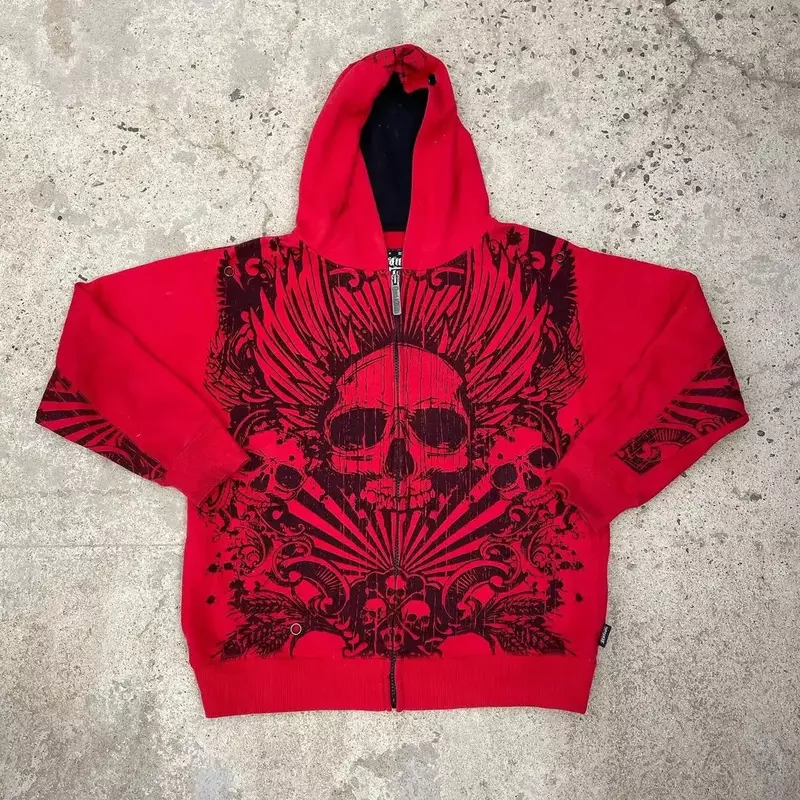Fashion sweter bertudung untuk pria, baju hangat bertudung ritsleting pakaian jalan longgar Hip-hop merah motif tengkorak hitam mode baru Gotik 90s Y2K
