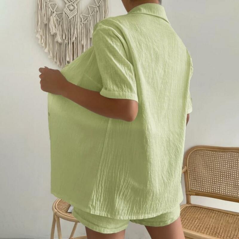 Women Thin Outfit Women's Casual Shirt Shorts Set with Elastic Drawstring Waist Lapel Collar Wide Leg Design 2 Piece for Summer