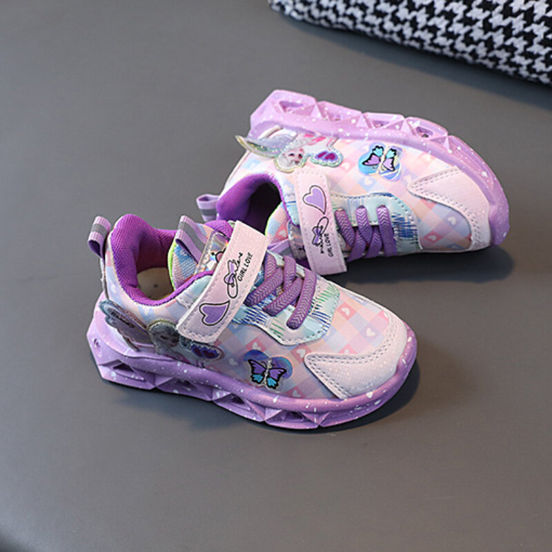 Sepatu Kasual Anak Perempuan Disney Sepatu Lampu Led Sneakers Sepatu Kets Ungu Muda Elsa Putri Frozen Olahraga Anak-anak Kulit Modis