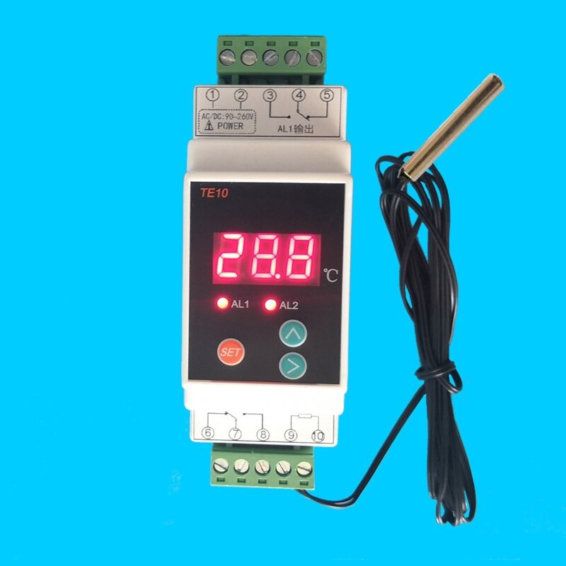 DIN-Schienen-Thermostat mit Sensor -40 ~ 110 ℃ Praktischer 2-Wege-Relaisausgang, Temperaturalarmregler, Ausgang 7 A/250 VAC