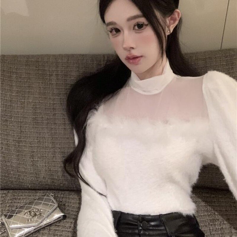 Französisch High Patchwork Wolle Mesh Top Frauen koreanischen halben hohen Kragen Mode weich süß würzig solide schlanke Herbst Bottom Shirt