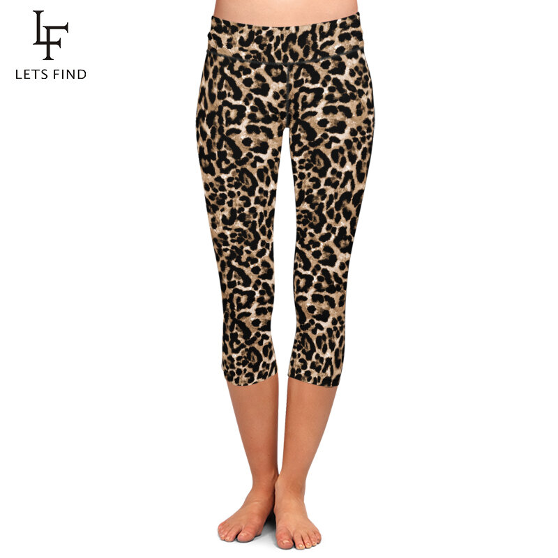 LETSFIND-leggings capri estampa de grão leopardo feminino, calça esbelta sexy, calça meio bezerro, cintura alta, fitness, novo