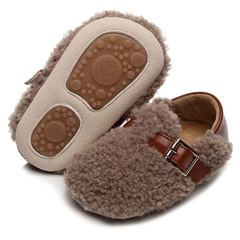 VISgogo-mocassins para bebês com fivela de cinto, sola macia, pelúcia de lã, sapatos antiderrapantes, primeiros caminhantes, fofos, outono, inverno