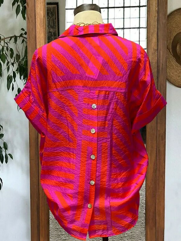 Tribal Print Button Back Top Women Geometric Print Shirt Female Casual Puff Sleeve Blouse