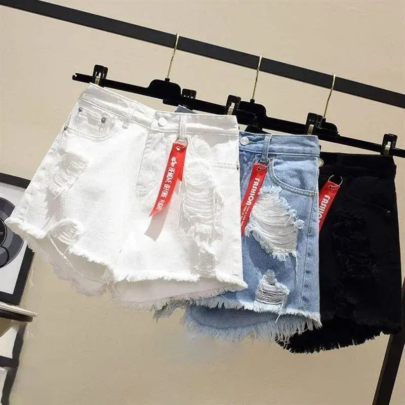 กางเกงยีนส์ขาสั้นเอวสูงสำหรับผู้หญิง, กางเกงเซ็กซี่กางเกงขาสั้นหลวมเข้าได้กับทุกชุดกางเกงยีนส์ขาสั้นขากว้างสไตล์เกาหลีแฟชั่นบลู celana pendek DENIM ฤดูร้อน