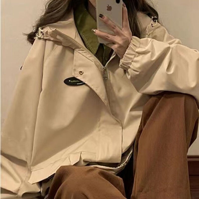 Kapuzen bomber jacken Frauen fallen Vintage lose Design übergroße Mäntel koreanischen Stil lässig Reiß verschluss weibliche einfarbige Outwear