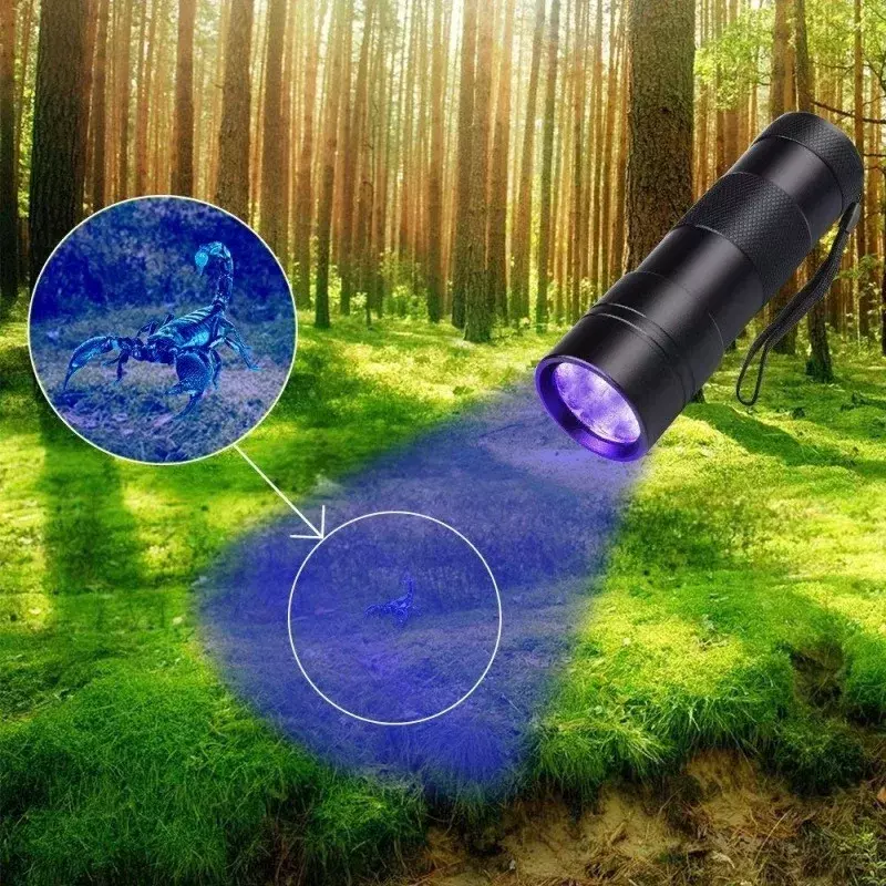 Lampu senter UV LED 2-IN-1, lampu senter Ultraviolet 3 mode dapat ditarik 395/365nm detektor noda urin hewan peliharaan lampu hitam portabel