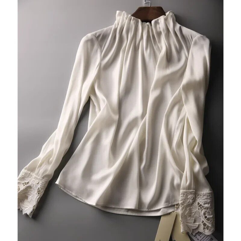 Женская атласная рубашка, повседневные блузки, СВОБОДНЫЙ Модный кружевной топ, с длинным рукавом, с круглым вырезом и оборками, однотонный шелк, Новинка лета 2024, корейский стиль