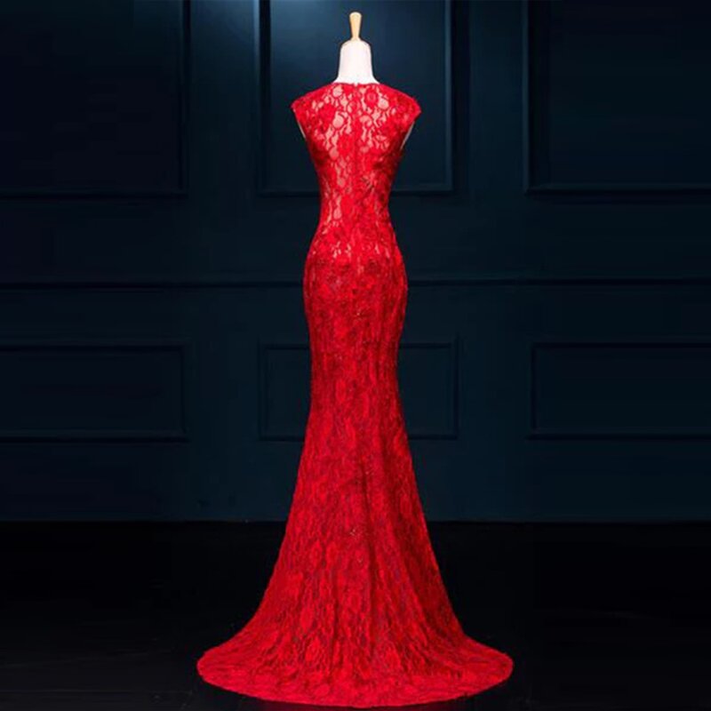 فستان زفاف أحمر مع دانتيل حورية البحر ، فساتين زفاف طويلة بلا أكمام ، مصنوعة خصيصًا