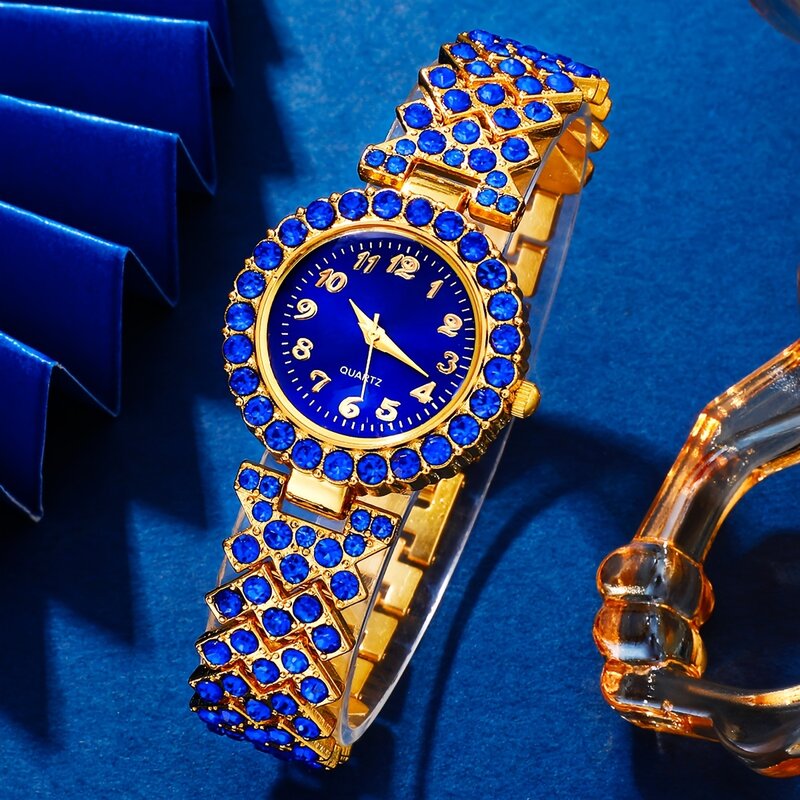 여성용 풀 라인석 시계, 라인석 스트랩 쿼츠 시계, 절묘한 나비 쥬얼리 세트, 친구 선물, 5 개