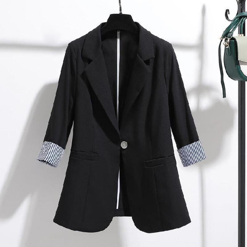 Casaco feminino de comprimento médio, gola virada para baixo, manga 3/4, bolsos de fechamento de botão único, estilo formal solto, casaco OL