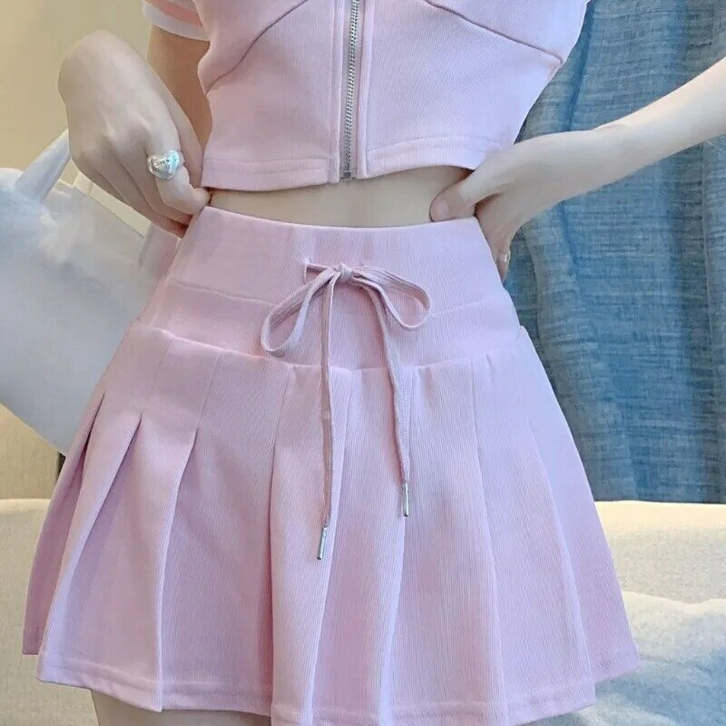 Sweet Spicy Girls College Casual Top Pleated Skirt Two-piece Set Women Lace Up Stand Collar Zipper Fashion Slim Summer Chic Suit