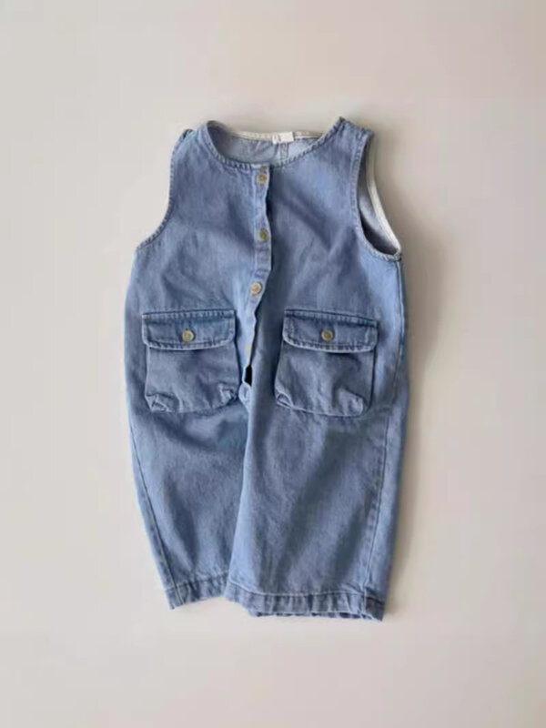 2024 Summer New Baby Sleeveless Jumpsuit Toddler Vintage Pocket Overalls Infant Girl Denim Strap Trousers Boy Casual Pants 0-24M
