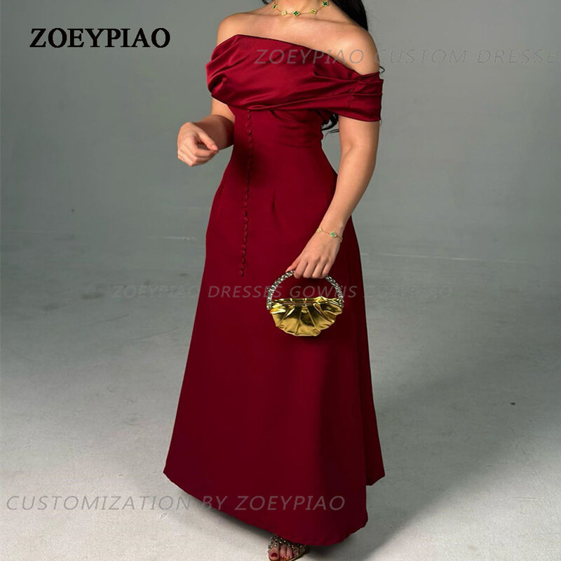 Burgundy Red A Line Satin Night Party Prom Dresses Button Strapless Off Shoulder Short Sleeves Evening Gowns Vestidos femme