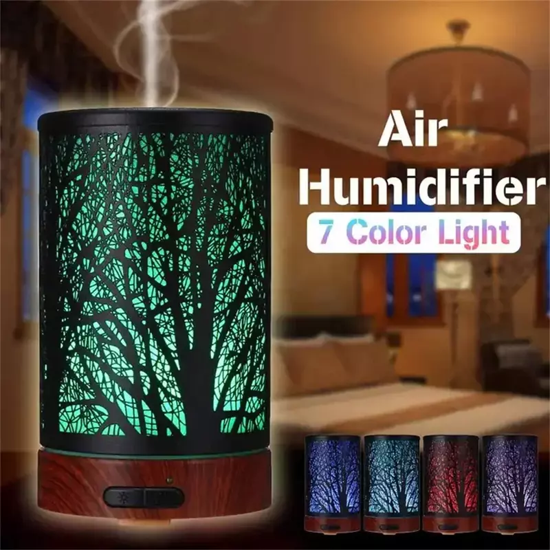 Humidificador de aire ultrasónico para aromaterapia, máquina de aceite esencial de madera de Metal, niebla fría, 100ml, 7 luces LED para el hogar, Spa