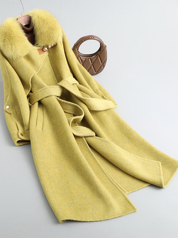 Double sided wool coat, female fur collar, 2023 autumn/winter high-end mid length alpaca wool coat