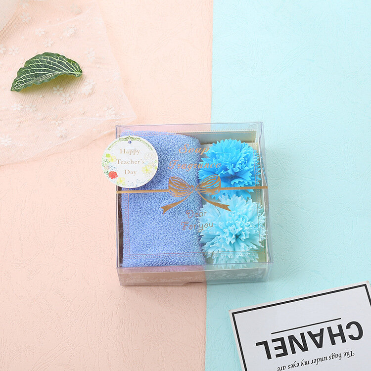 Caja de regalo de toalla de Color sólido de terciopelo Coral, flor de clavel, flor de jabón perfumado, juego de flores, regalo de aniversario del Día de San Valentín