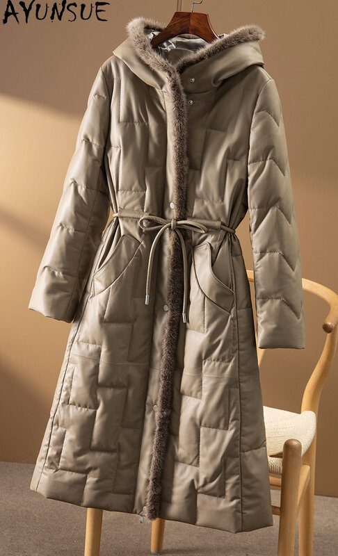 AYUNSUE 2023 Real Sheepskin Leather Down Jacket Women Winter 90% White Duck Down Coat Slim Hooded Long Parkas Mink Fur Collar