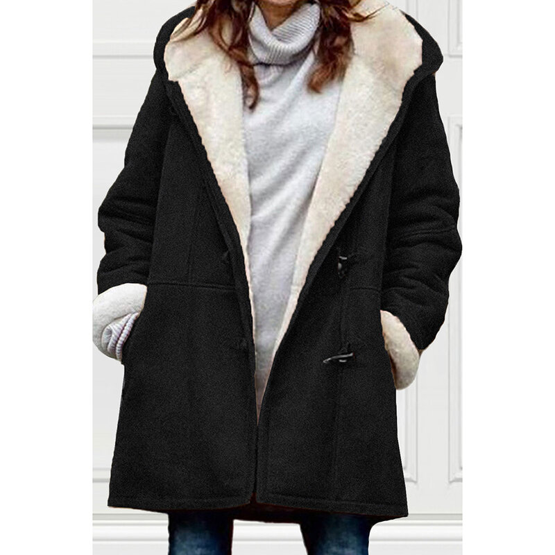 Plus Size Daily Coat Black Fall Winter Plush Hooded Long Sleeve Winter Coat With Pockets