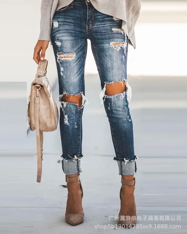 Pantalones Retro elásticos de cintura alta para mujer, Jeans ajustados de pies pequeños con agujeros, novedad de 2023