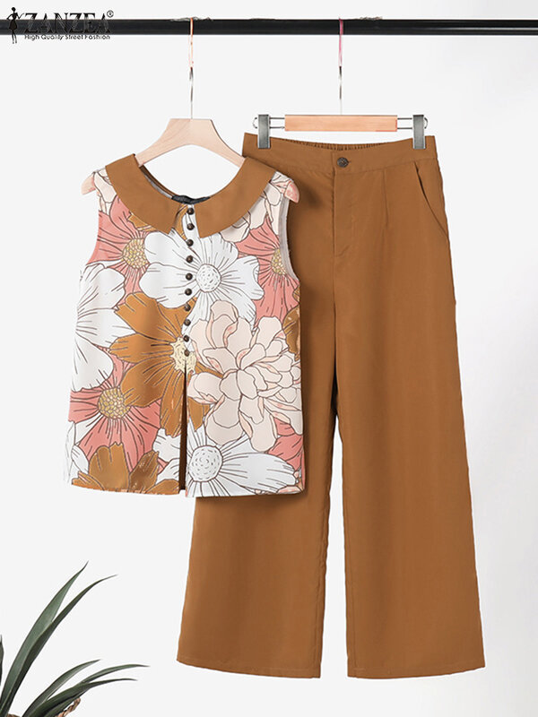 ZANZEA-Tops e calças florais sem mangas vintage para mulheres, traje de treino casual, calças largas, calças diárias, férias de verão, 2 peças