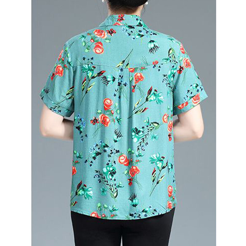 Blusa holgada de manga corta con estampado Floral para mujer, camisa elegante con volantes, solapa, moda de verano