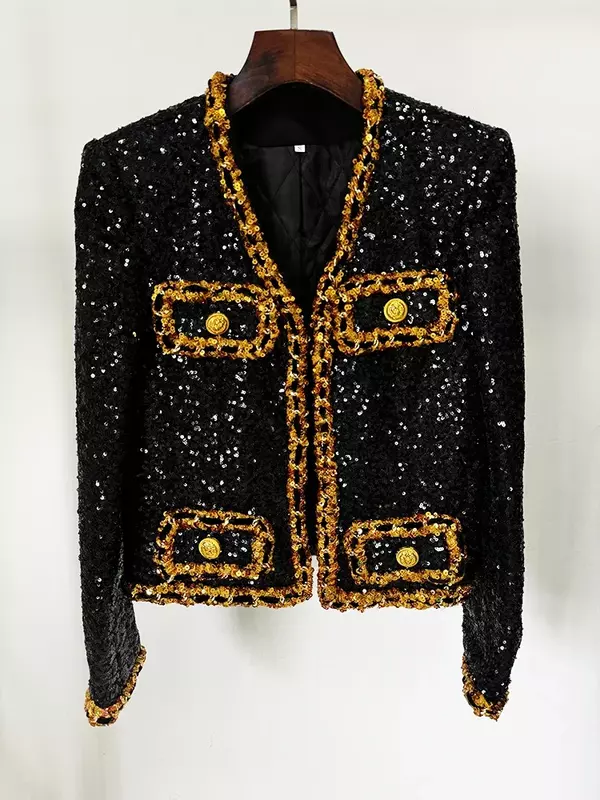 女性のためのゴールドチェーン付きスパンコールジャケット,新しいファッション,デザイナー,2024