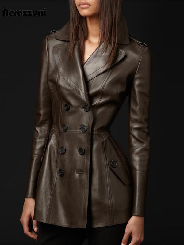 Casaco de couro marrom nerazzurri para mulheres, blazer de peito duplo, macio, couro falso, moda passarela, estilo britânico, 2023