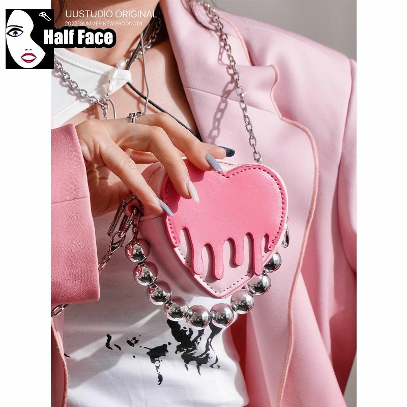 Y2K Girls Harajuku Women’s Gothic Advanced Love Bead Chain Handbag Punk One Shoulder Design Lolita Mini Chain Crossbody Bag Tote