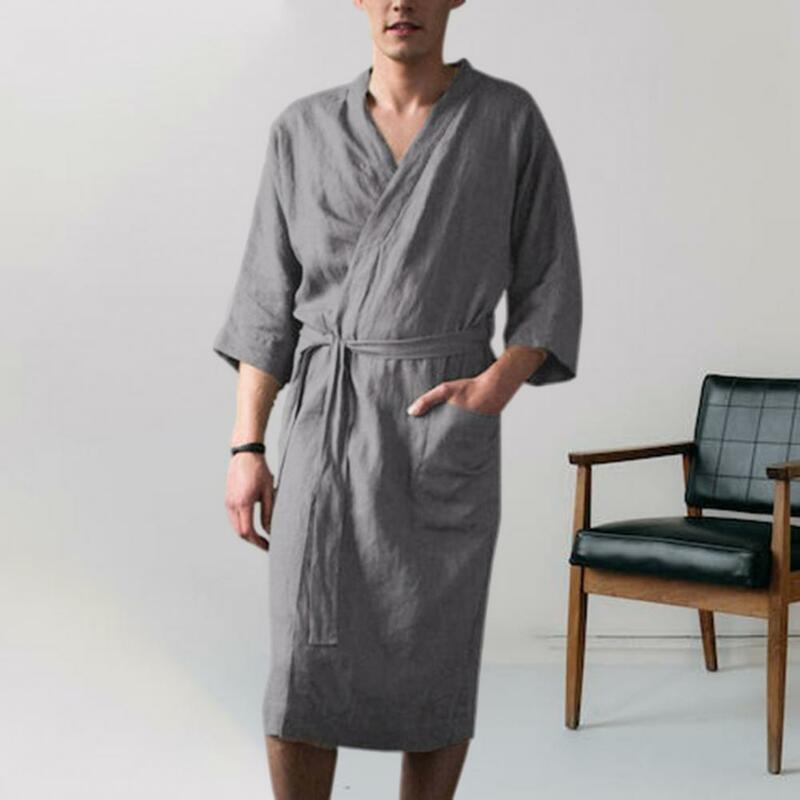 Adjustable Belt Nightgown All-season V-neck Nightgown Soft Lace Up Men's Bathrobe with Pockets Super Absorbent Loose for Comfort