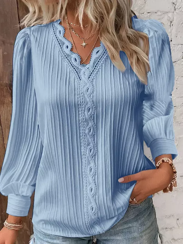Women Hollow Out V Neck Pullover Blouse Elegant Solid Color Pitted Stripes Shirt Autumn Long Sleeve Casual Commuter Female Tops
