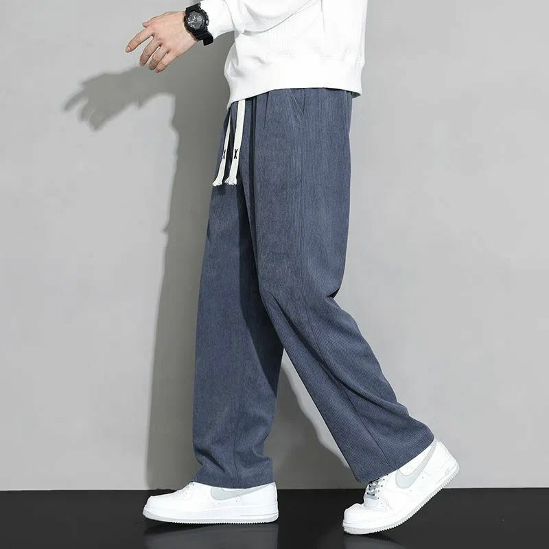 Vintage de alta qualidade veludo solto em linha reta ampla perna calças dos homens lã casual engrossar quente sólida streetwear juventude calças baggy
