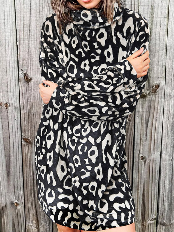 Mini robe à col roulé léopard pour femme, manches longues, fouet chaud à la mode, haut niveau, jupe d'extérieur, automne, hiver, 2023
