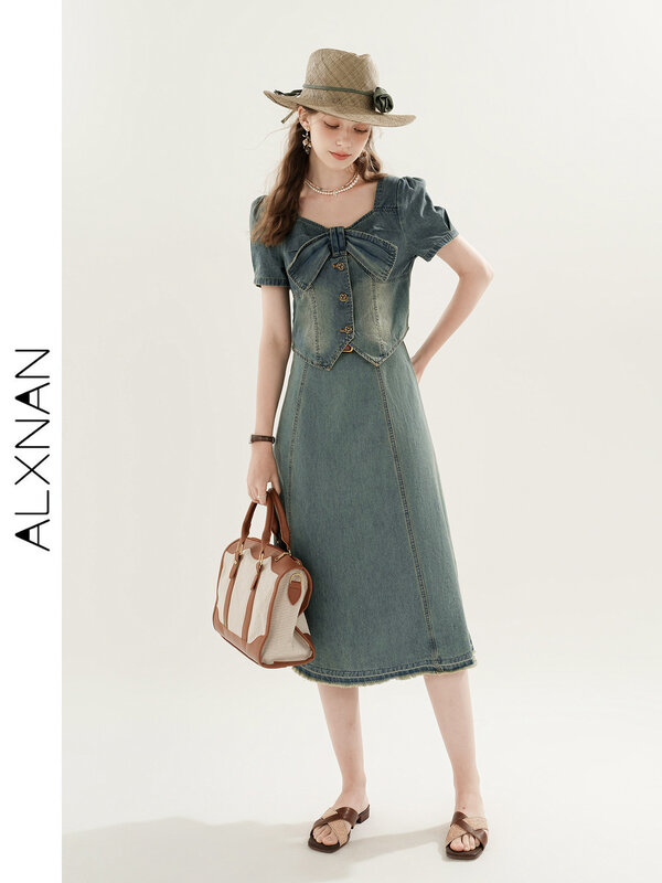 ALXNAN Fashion Single-breasted Denim Skirt Suit Women's New 2024 Summer One-line Collar Bow Tie Slim Temperament Clothes TM00121