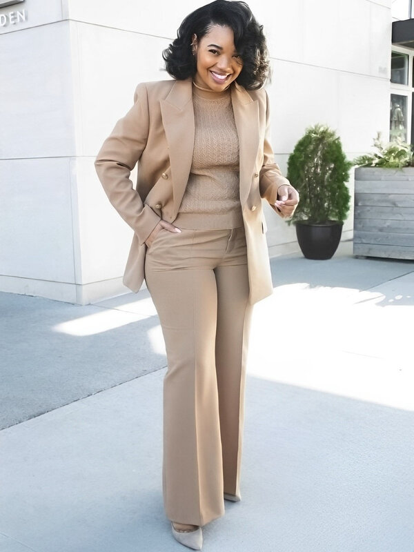 Женский офисный брючный костюм Tesco, тонкий двубортный жакет цвета хаки с широкими штанинами, весна 2024