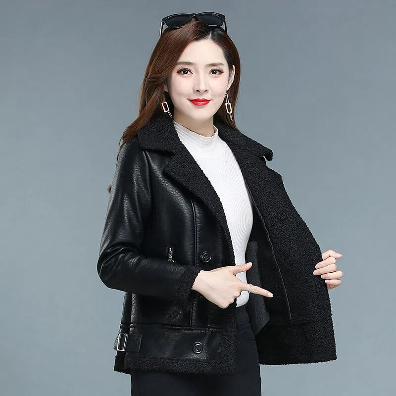 2022 New Winter PU Leather Jacket Women Short Coat Thicken Fleece Double-faced Fur Leather Warm Outerwear Lady Slim Tops Jackets