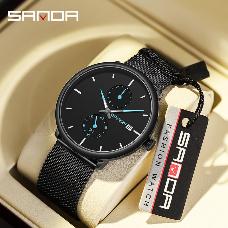 Sanda-Montre à quartz de luxe pour hommes, marque supérieure, maille fine décontractée, acier et cuir, montre de sport étanche
