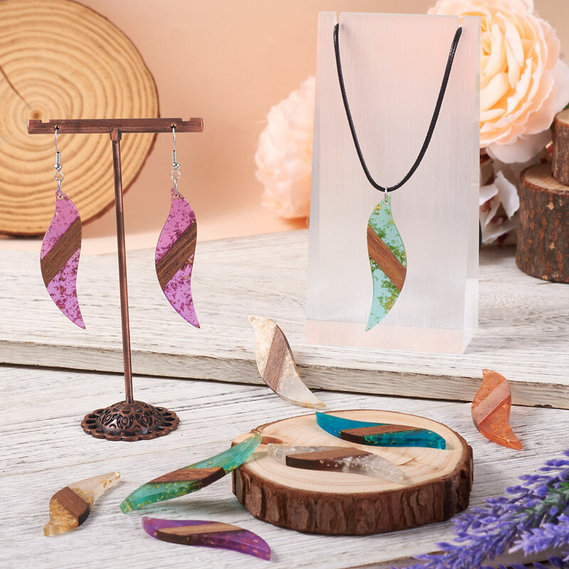 12Pcs Resin & Walnut Wood Big Pendants with Foil Leaf Wave Charms for Women Vintage Earring Necklace Jewelry Making Supplies