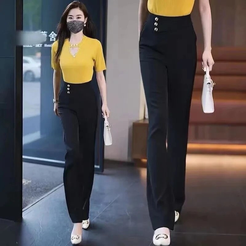 Female Summer Ice Silk Micro Flared Pants Mom Thin Style Loose High Waisted Casual Pants Women Loose Straight Leg Suit Pants